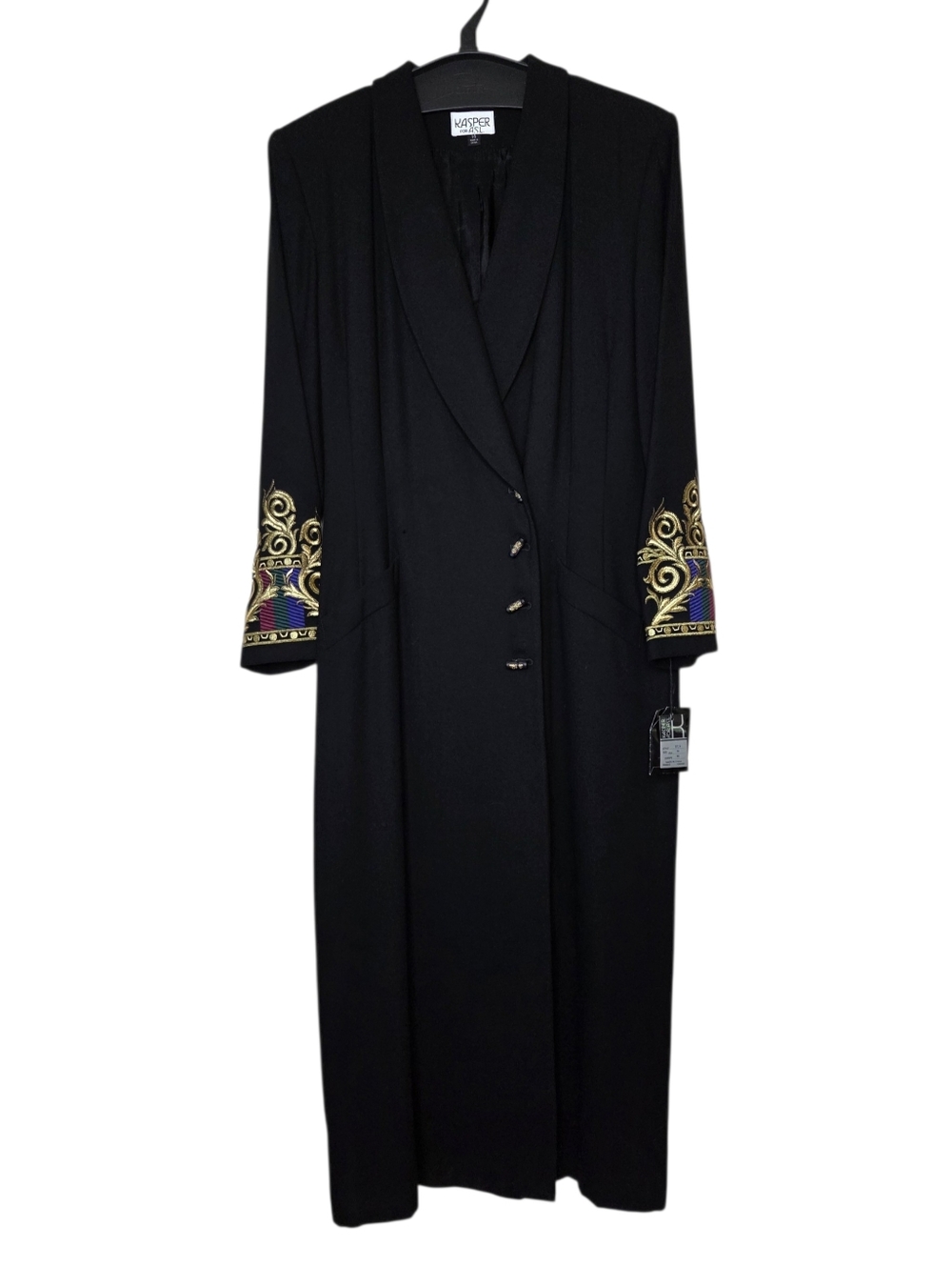 Y2K Kasper Longline Black Coat Blazer Baroque Embroidered Cuffs Size 14 NWT